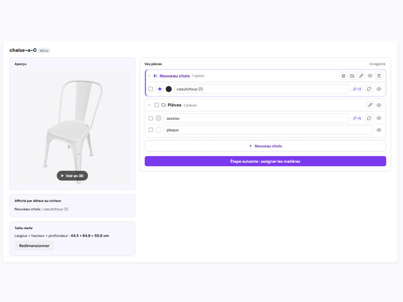 Logiciel 3DVue : chaise importée, avec son aperçu 3D et la liste des pièces détectées