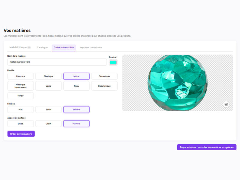 Logiciel 3DVue : création d'une matière métal martelé vert, avec son aperçu