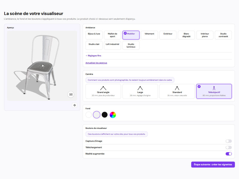 Logiciel 3DVue : réglage de la scène, ambiance, caméra, fond et boutons du visualiseur