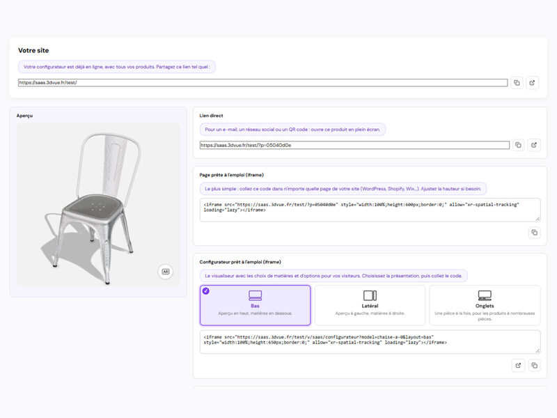 Logiciel 3DVue : page Intégration avec le lien direct et les codes iframe à copier