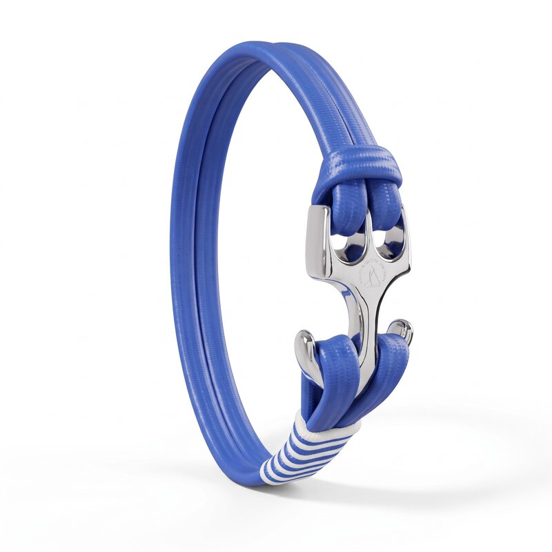 Bracelet BN1 cordon bleu rayé, fermoir argenté
