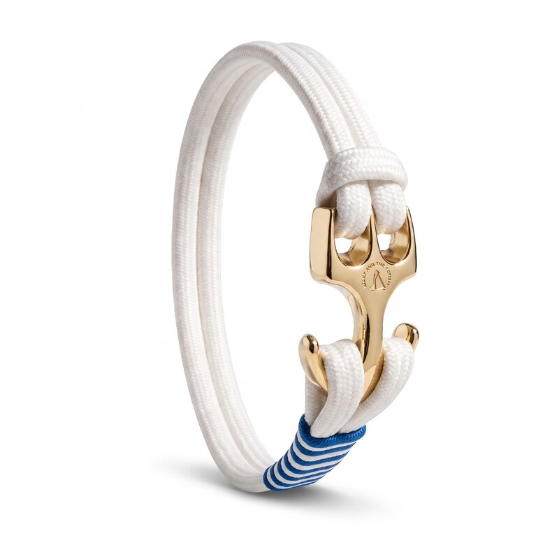 Bracelet nautique BN1 Mary and the Captain, cordon rayé bleu et blanc, fermoir doré
