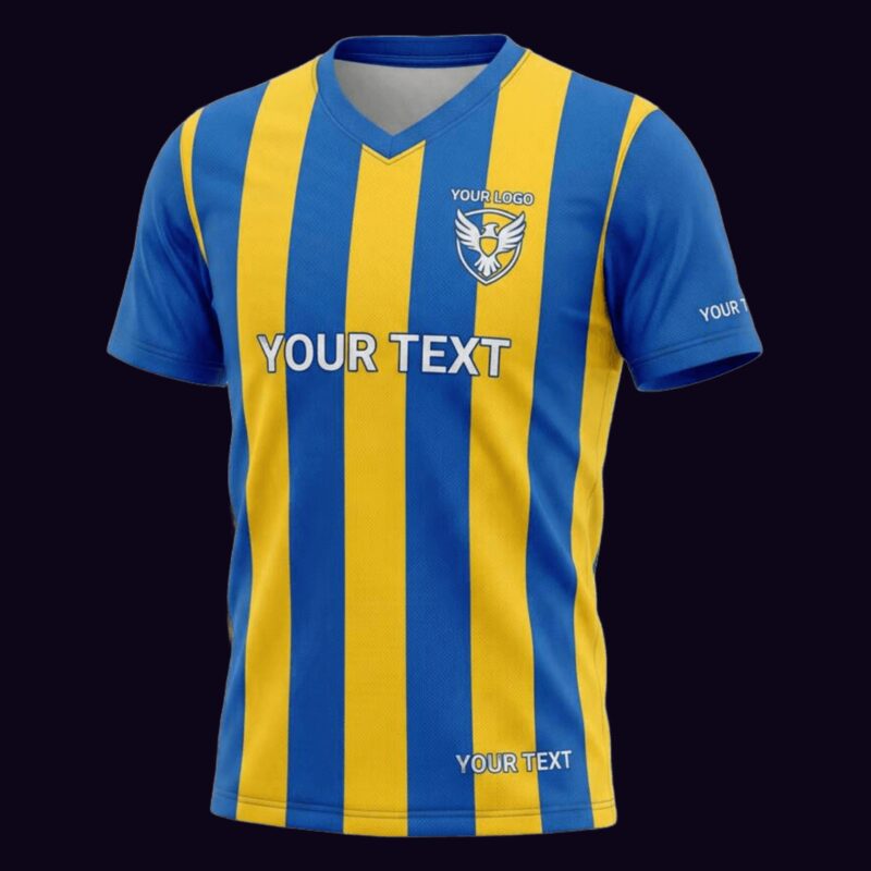 Maillot de sport personnalisé bandes bleu et jaune modélisé en 3D pour un configurateur sur mesure