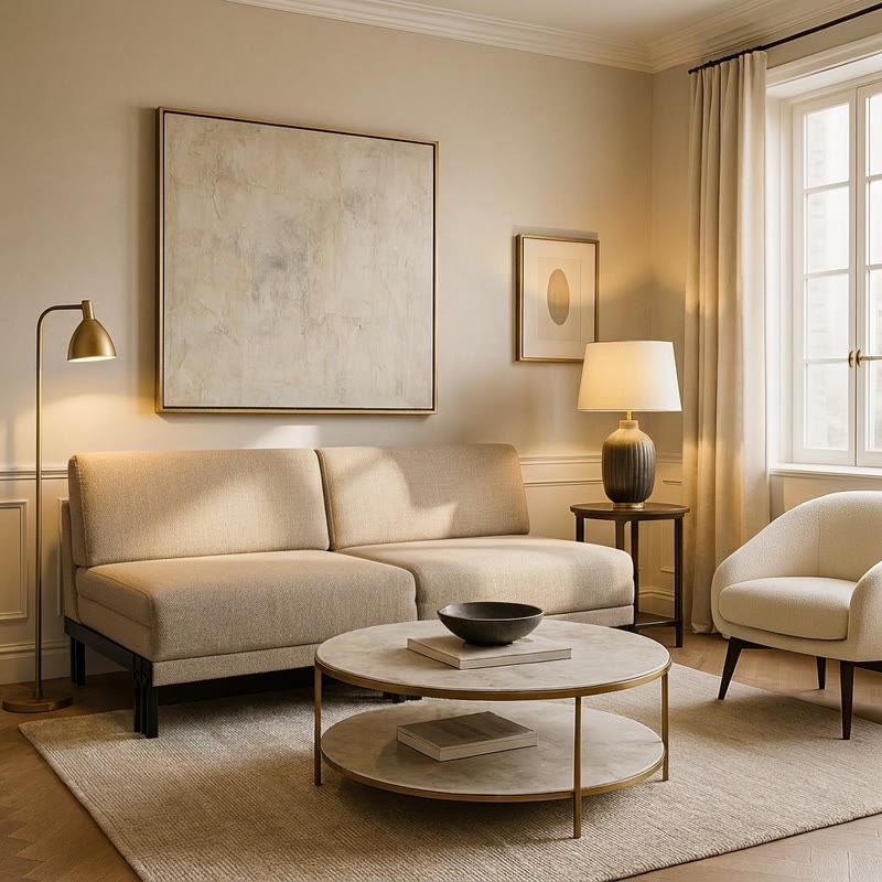 Likoolis sofa in beige, AI-generated in the reference living room