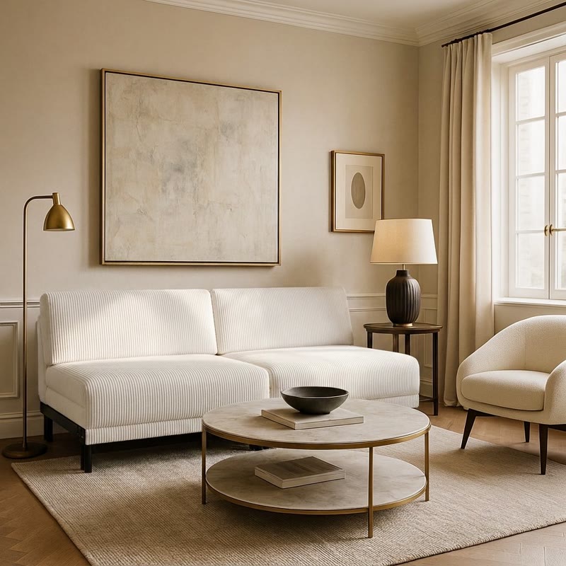Likoolis sofa in ribbed white, AI-generated in the reference living room