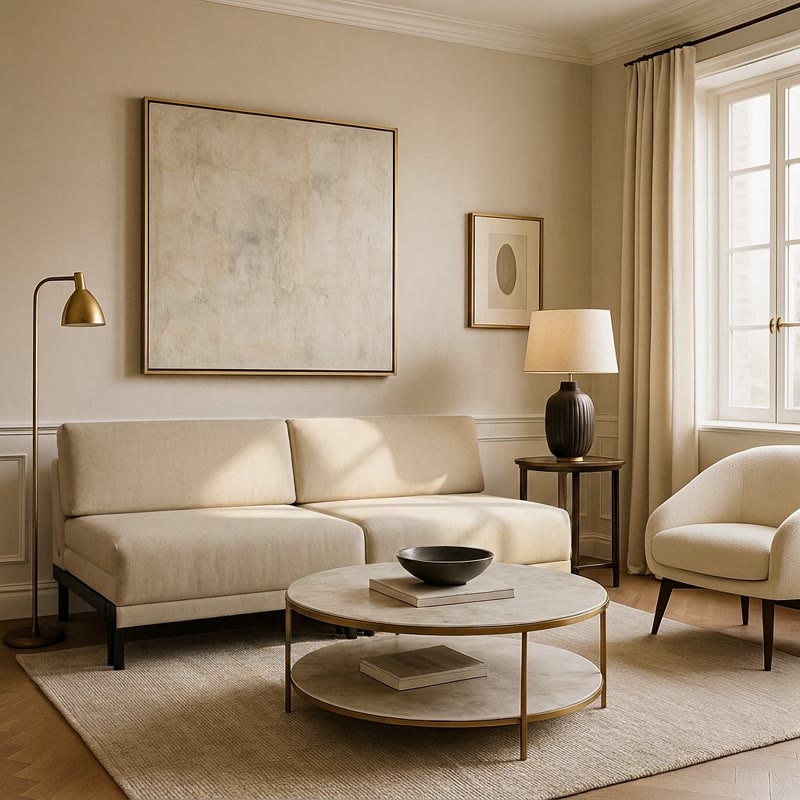 Likoolis sofa in ivory, AI-generated in the reference living room
