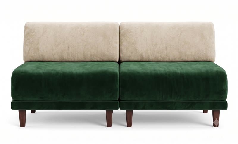 Likoolis sofa generated by an AI prompt alone, without a reference image, front view: a two-tone colour that doesn't exist in the real collection