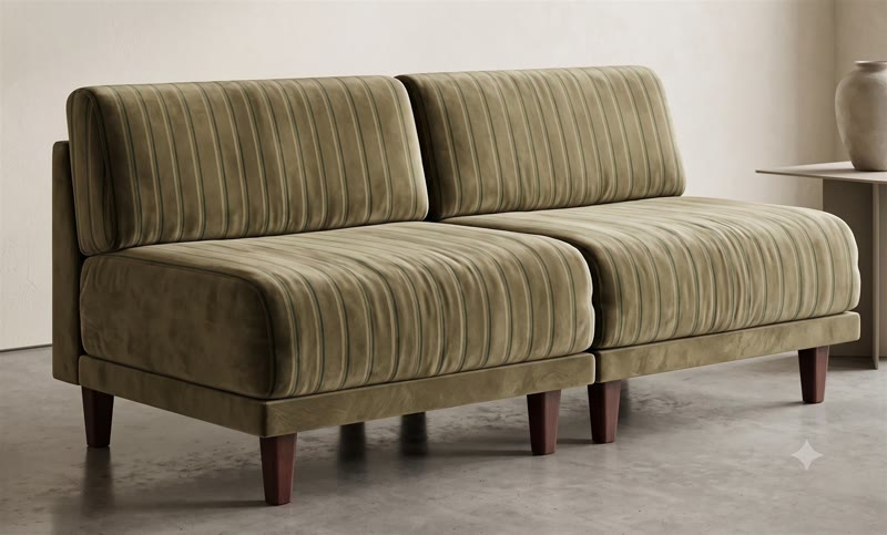 Likoolis sofa generated by an AI prompt alone, without a reference image, another angle: the same fidelity flaw reappears