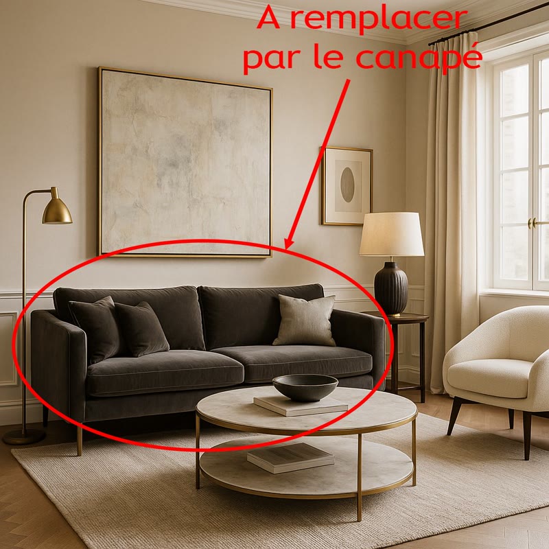 Reference image annotated with a red circle indicating where the Likoolis sofa should be generated in the living room