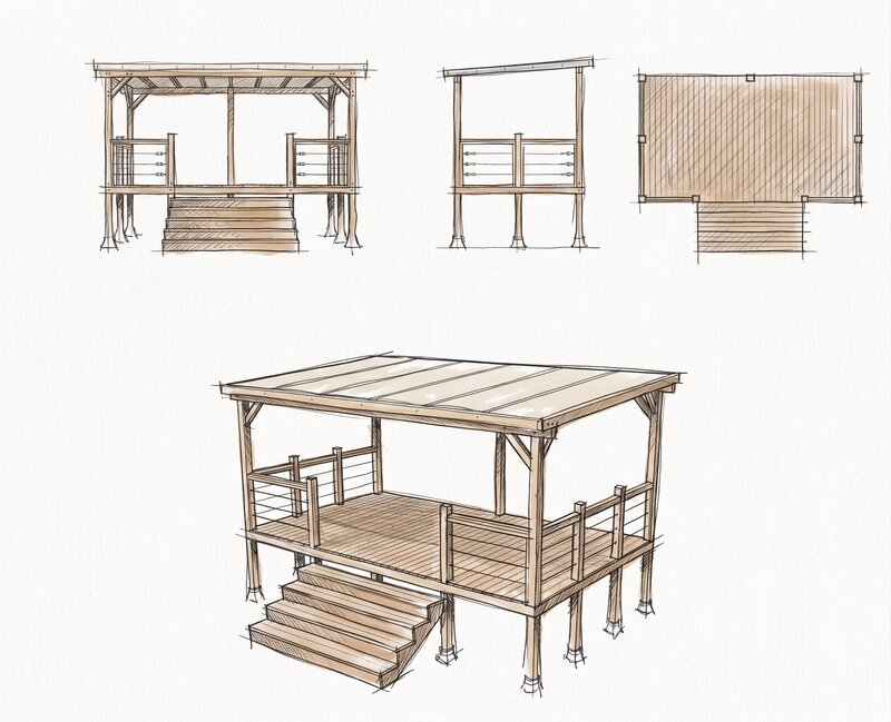 Boceto de estudio de una pérgola y terraza de madera sobre pilotes: vista frontal, vista lateral, vista en planta y perspectiva