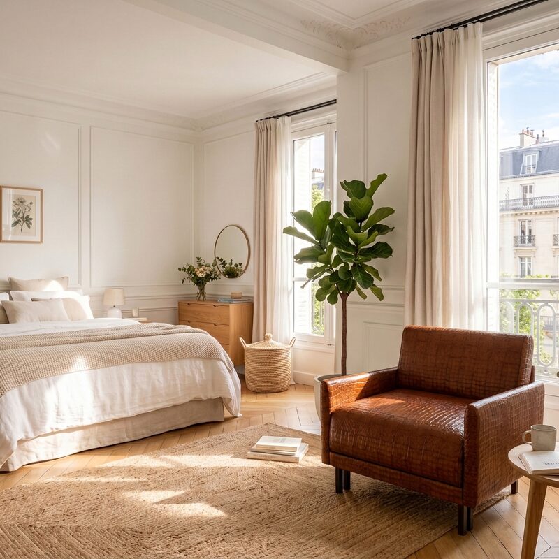 Fauteuil Likoolis mis en scène dans une chambre, généré par le Studio Photo IA de 3DVue